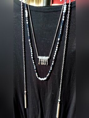 Chico's Delicate Silver Multi-Strand Crystal And Blue Beaded Necklace